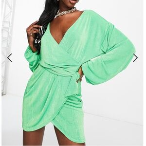 ASOS - Green Wrap Slinky Blouson Sleeve Dress